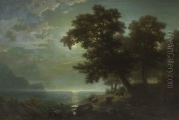 Reh Am Ufer Eines Nachtlichen Gebirgssees Oil Painting by Johann (Hans) Beckmann