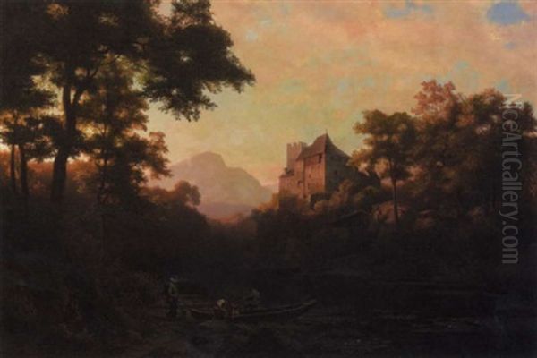 Landscape With Hunters Loading Deer In A Canoe Oil Painting by Johann (Hans) Beckmann