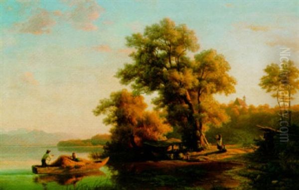 A Summer Landscape With Figures In A Boat Oil Painting by Johann (Hans) Beckmann