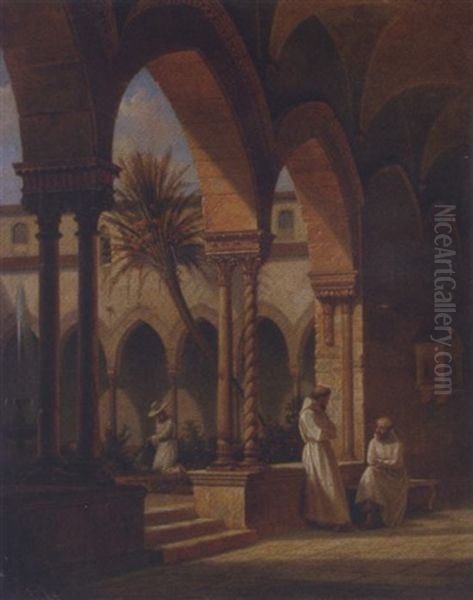 Monks In A Sunny Cloister Courtyard Oil Painting by Karl Friedrich Beckmann