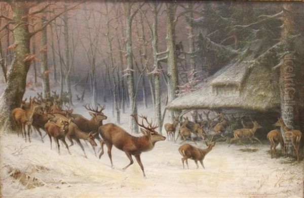 Elk Herd Oil Painting by Ludwig Beckmann