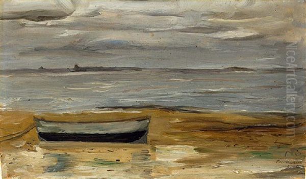 Strand Mit Grauem Kahn Und Grauem Meer Oil Painting by Max Beckmann