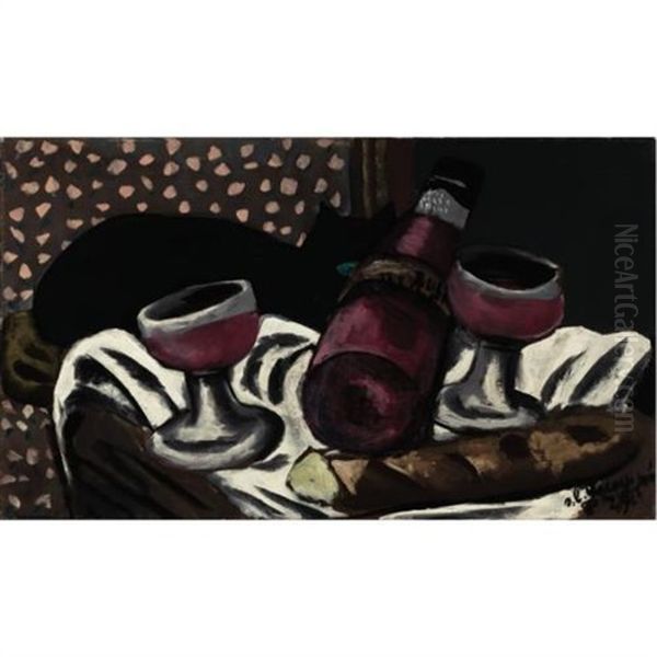 Stilleben Mit Weinglasern Und Katze (still-life With Wineglass And Cat) Oil Painting by Max Beckmann