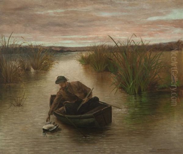 Hunter Retreiving Duck Oil Painting by Arthur Beckwith