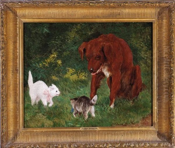 The Challenge: Two Cats And A Dog Oil Painting by James Carroll Beckwith