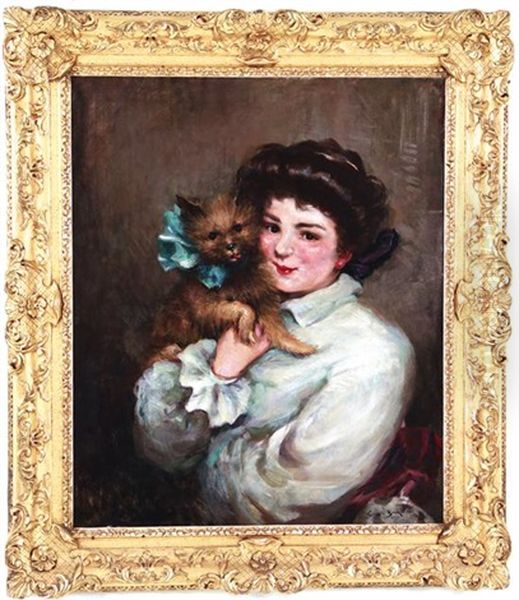 Portrait Of Young Lady With Prized Terrier Oil Painting by James Carroll Beckwith