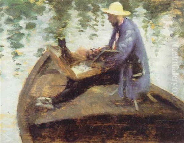 Self Portrait Of The Artist In A Boat Oil Painting by James Carroll Beckwith