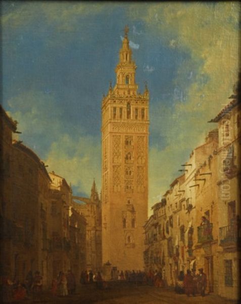 Calle De Sevilla Con La Giralda Al Fondo Oil Painting by Joaquin Becquer