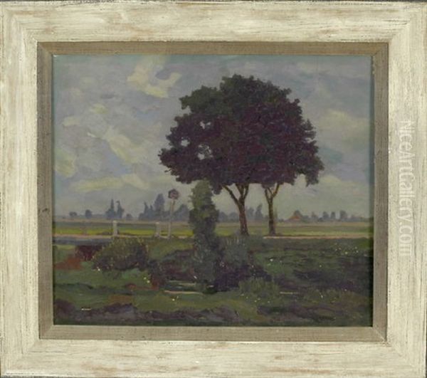 Baum In Weiter Voralpenlandschaft Mit Stadtsilhouette Im Hintergrund Oil Painting by Giulio Beda