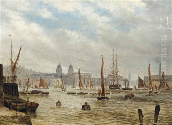 A Merchantman And Other Coastal Traffic Lying On The Thames At Greenwich Oil Painting by Frederick George Denham Bedford