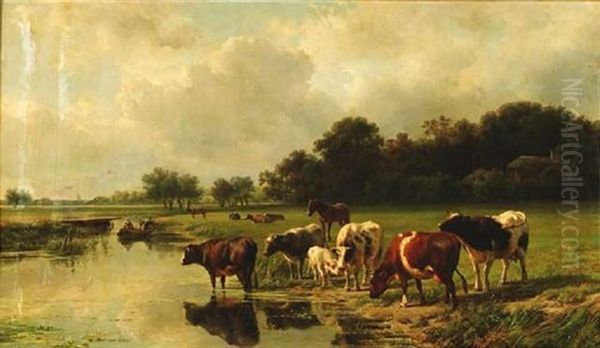 Weite Landschaft Mit Flusaue, In Der Kuhherde Weidet Oil Painting by Jan Bedijs