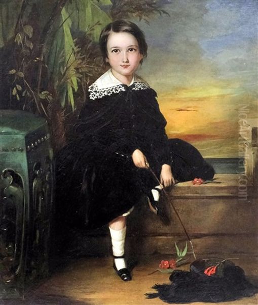 Full Length Portrait Of A Seated Child With Riding Crop Oil Painting by George Duncan Beechey