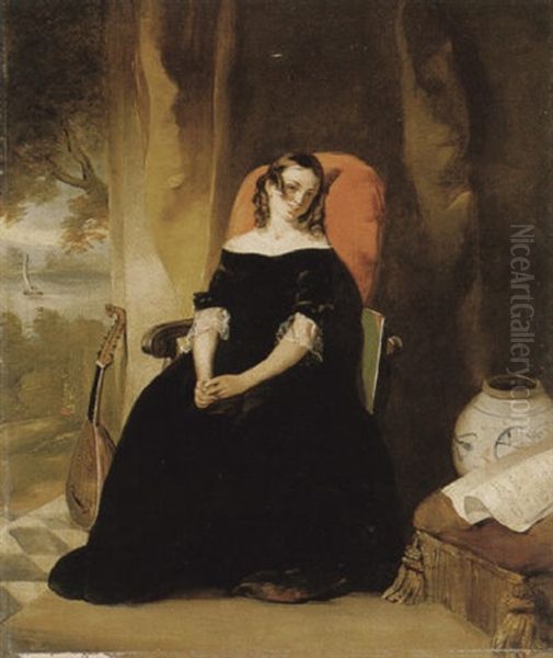 Portrait Of A Lady Wearing A Black Dress, With A View Of A River Beyond, A Chinese Pot Beside Her Oil Painting by George Duncan Beechey