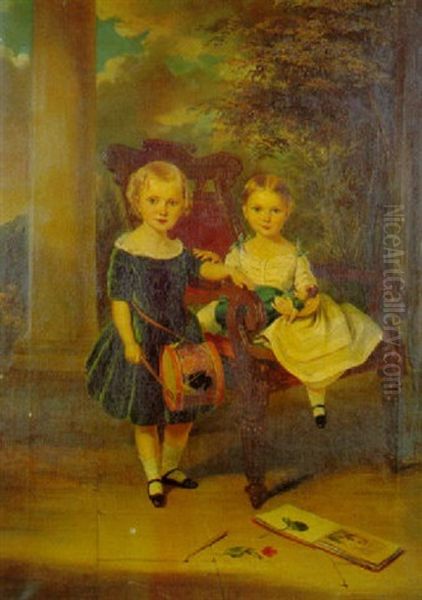 Two Children On A Terrace Oil Painting by George Duncan Beechey