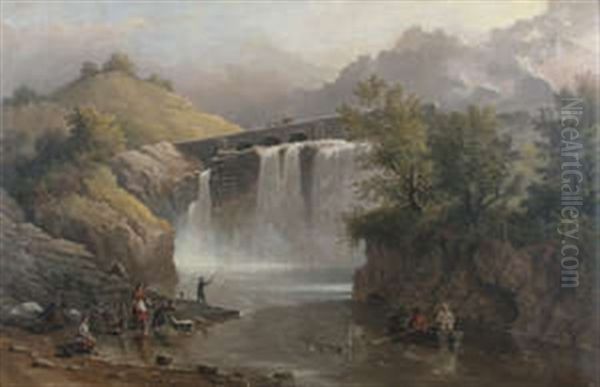 Irish River Landscape With Waterfall Oil Painting by Richard Brydges Beechey