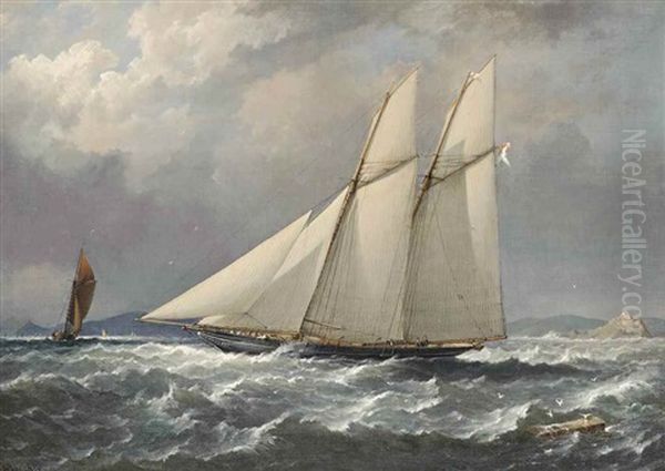 Lord Colville's Schooner Yacht Volage, Flying The Colours Of The Royal Yacht Squadron, Close-hauled And Heading Down The Channel Past The Mewstone Rock Oil Painting by Richard Brydges Beechey