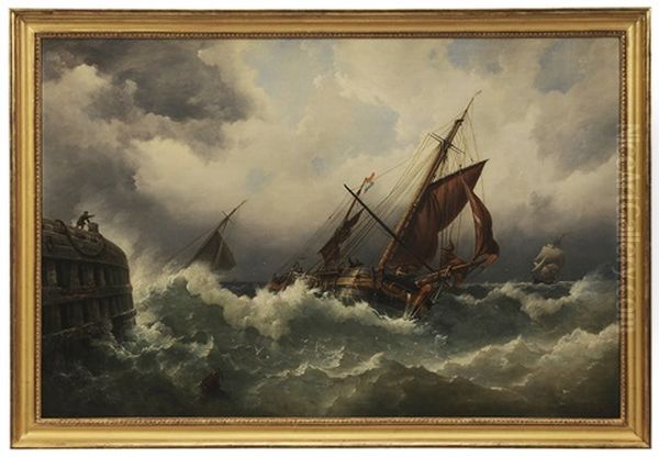 Dutch Vessels In Rough Seas Off The End Of A Quay Oil Painting by Richard Brydges Beechey