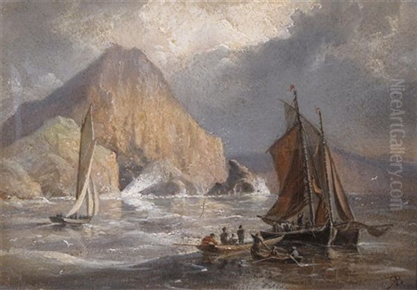 Ships At Sea, Possibly Skellig Isles, Ireland (pair) Oil Painting by Richard Brydges Beechey