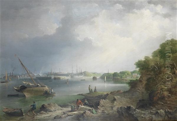 A View Across The Hamoaze Towards The Covered Slips And Buildings Of The Naval Dockyard At Devonport Oil Painting by Richard Brydges Beechey