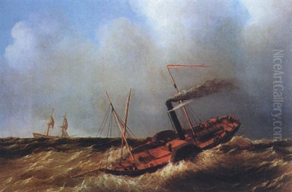 A Steamer In A Stormy Seascape Oil Painting by Richard Brydges Beechey