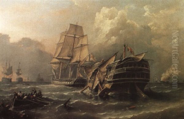 The Situation Of H.m.s. Bellisle...in Tow Off Trafalgar, Oct, 1805 Oil Painting by Richard Brydges Beechey