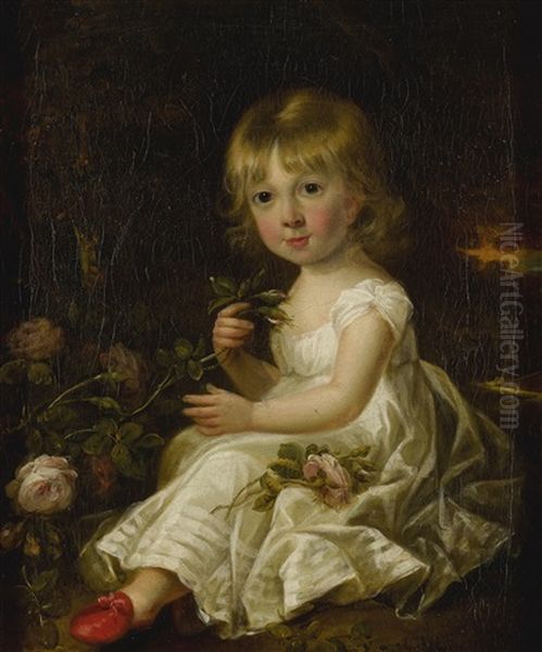 Portrait Of A Young Girl, Full Length, Holding Flower Oil Painting by Sir William Beechey