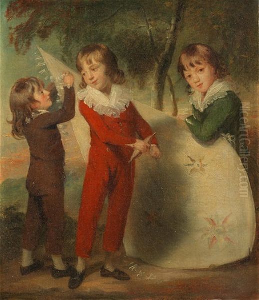 The Three Vandergucht Children With A Kite In A Wooded Landscape Oil Painting by Sir William Beechey