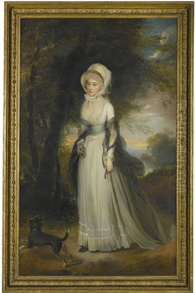 Portrait Of Mrs Simeon, Standing In A Landscape, With A Dog By Her Side Oil Painting by Sir William Beechey