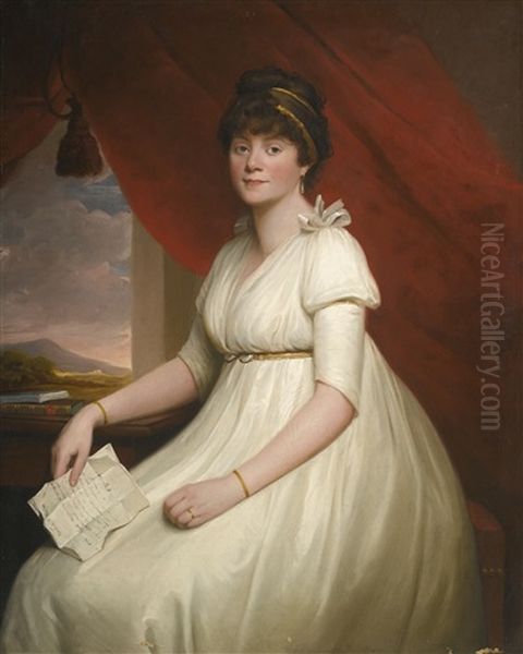 Portrait Of Lady Mary Anne Pigot, Three Quarter Length In A White Dress Holding A Letter Oil Painting by Sir William Beechey