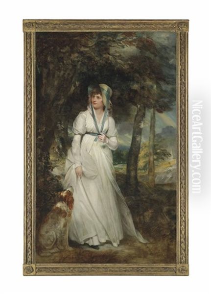 Portrait Of Miss Hadfield, Full-length, In A White Dress With A Blue Ribbon And Hat, With A Spaniel In A Park Landscape Oil Painting by Sir William Beechey