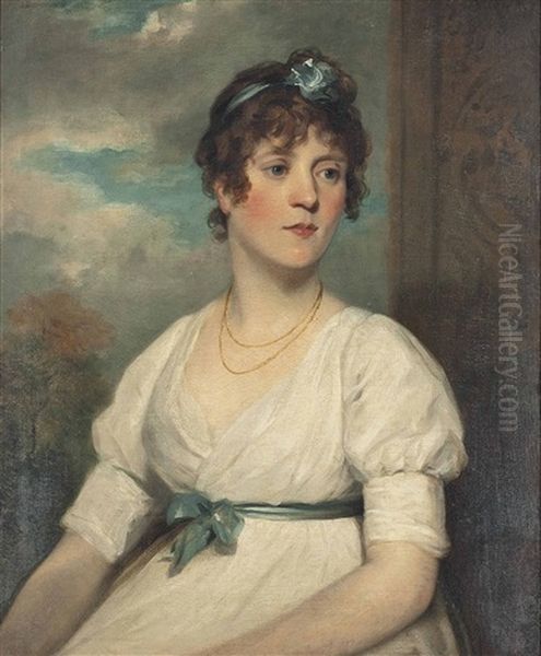 Portrait Of Elizabeth Beresford (d.1856), Half-length, In A White Dress With A Blue Ribbon, A Landscape Beyond Oil Painting by Sir William Beechey