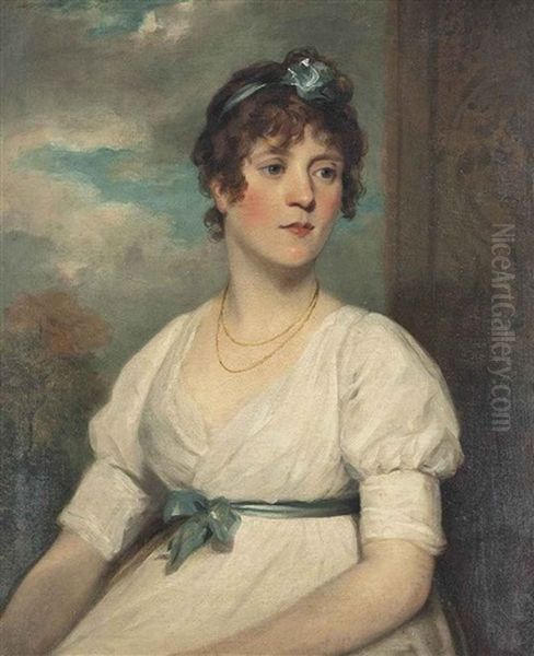 Portrait Of Elizabeth Beresford (d.1856), Half-length, In A White Dress With A Blue Ribbon, A Landscape Beyond Oil Painting by Sir William Beechey