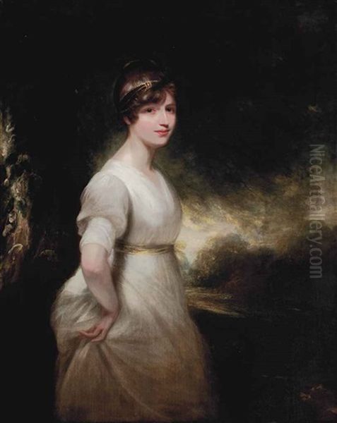 Portrait Of The Hon. Elizabeth Charlotte Eden, Lady Godolphin (1780-1847), Three-quarter-length, In A White Muslin Dress With A Yellow Bow... Oil Painting by Sir William Beechey