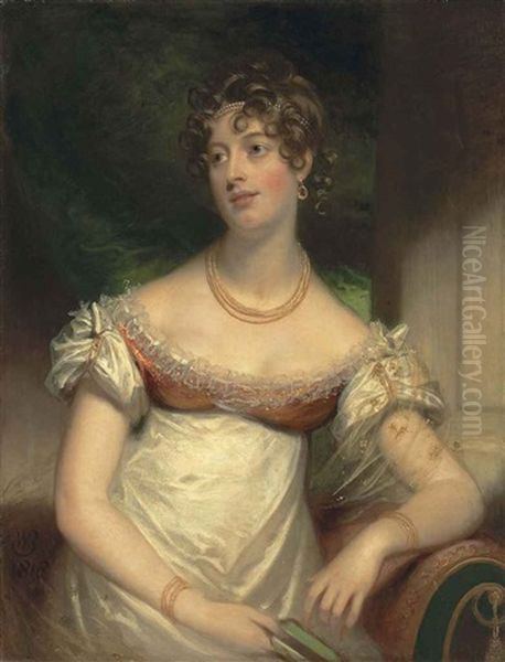 Portrait Of Miss Anne Lee, Half-length, In A White Dress, With A Gold Necklace And Bracelets, Pearls In Her Hair, A Book In Her Right Hand, In An Interior Oil Painting by Sir William Beechey