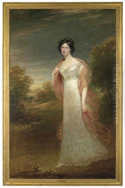 Portrait Of Ann Maria Harriet De Rhodes In A White Dress And Pink Chiffon Wrap, A Wooded Landscape Beyond Oil Painting by Sir William Beechey