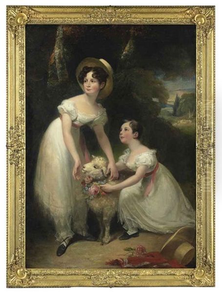 Double Portrait Of Misses Emily And Marie Ashworth Playing With A Lamb In A Landscape, A Waterfall Beyond by Sir William Beechey