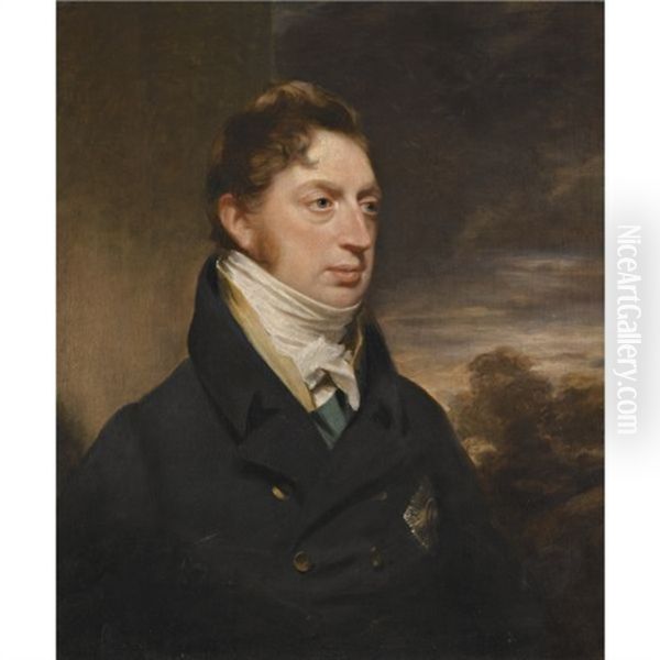 Portrait Of Charles Brudenell-bruce, 1st Marquess Of Ailesbury, Wearing A Dark Blue Coat And A Yellow Waistocat, With Thistle Star Oil Painting by Sir William Beechey