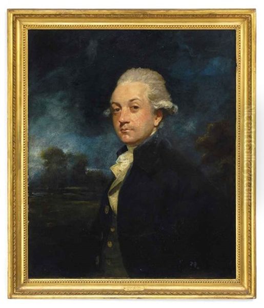 Portrait Of A Gentleman In A Blue Coat And White Cravat A Landscape Beyond Oil Painting by Sir William Beechey