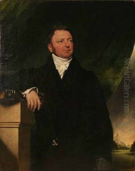 Portrait Of A Gentleman In A Black Jacket With One Hand Resting On The Bible, In The Background A Church Oil Painting by Sir William Beechey