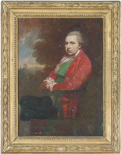 Portrait Of Charles William Le Geyt, Seated, In A Red Coat, Green Waistcoat And Black Breeches, A Book In His Right Hand, A Landscape Beyond Oil Painting by Sir William Beechey