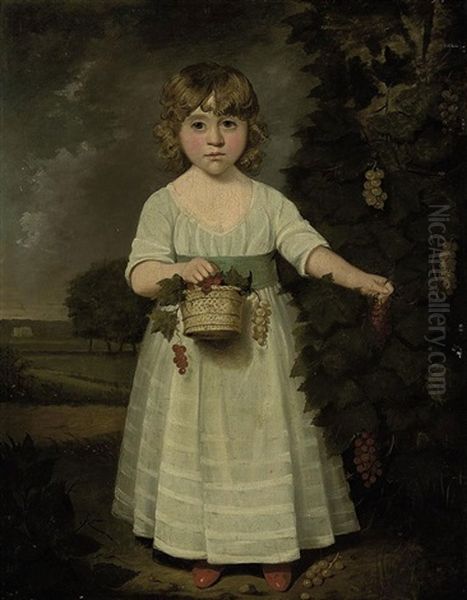 Portrait Of A Young Girl In A White Dress With A Blue Sash, A Basket With Grapes In Her Right Hand, In A Landscape by Sir William Beechey