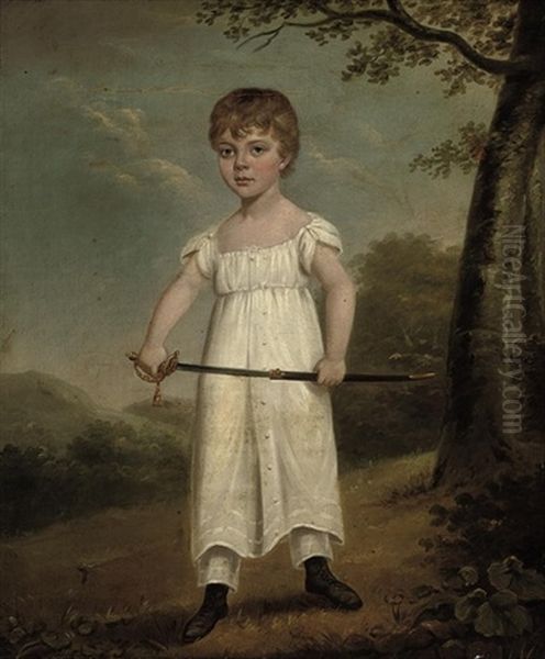 Portrait Of A Young Boy Standing In A White Gown, Holding A Sword, In A Landscape Oil Painting by Sir William Beechey