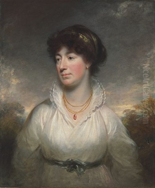 Portrait Of A Lady, Bust-length, In A White Dress, Standing In A Landscape Oil Painting by Sir William Beechey