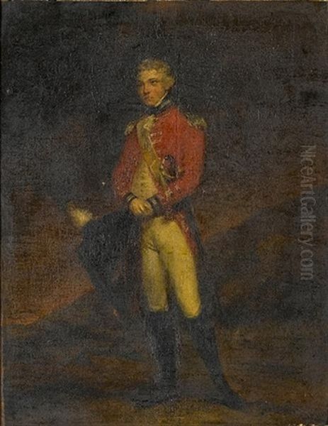 Portrait Of An Officer, Small Full-length, Standing In An Open Landscape With An Encampment Beyond by Sir William Beechey