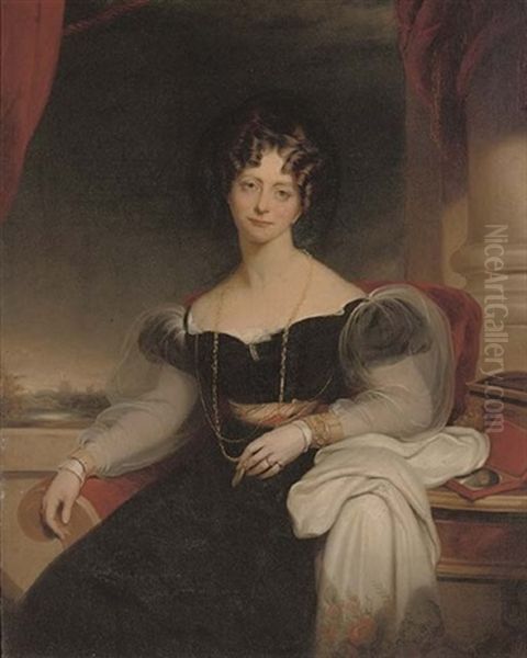 Portrait Of H.r.h The Princess Sophia In A Black Dress With White Gauze Sleeves And A White Shawl, Seated By A Pillar, Windsor Beyond Oil Painting by Sir William Beechey