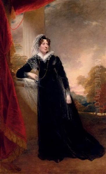 Portrait Of Mrs. Calverley Bewicke In A Black Dress, Her Right Arm On A Ledge, A Cameo Portrait In Her Hand, With A Landscape Beyond Oil Painting by Sir William Beechey