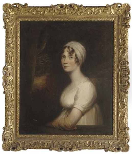 Portrait Of Miss Morley In A White Dress And Yellow Glove, A Landscape Beyond Oil Painting by Sir William Beechey