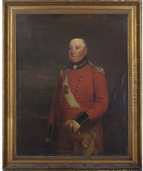 Portrait Of A Field Officer Of The 12th Battalion Of Norwich Volunteer Infantry (?), His Left Hand On His Sword, A Landscape Beyond Oil Painting by Sir William Beechey