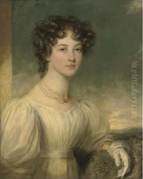 Portrait Of A Lady, Half-length, In A White Dress, A Landscape Beyond Oil Painting by Sir William Beechey