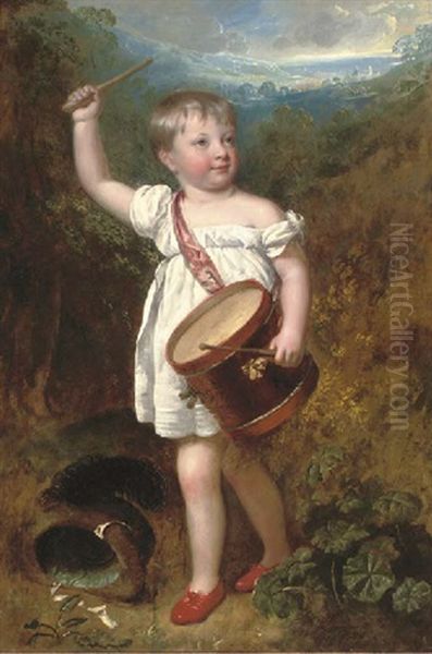 Portrait Of Master Gosling, Full-length, In A White Dress And Red Shoes, Playing A Drum, In A Landscape Oil Painting by Sir William Beechey